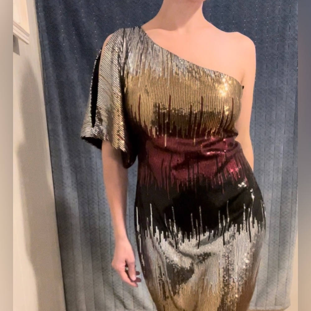 Bisou Bisou One Shoulder Sequin - silver • gold • black •  Dark Red Dress!